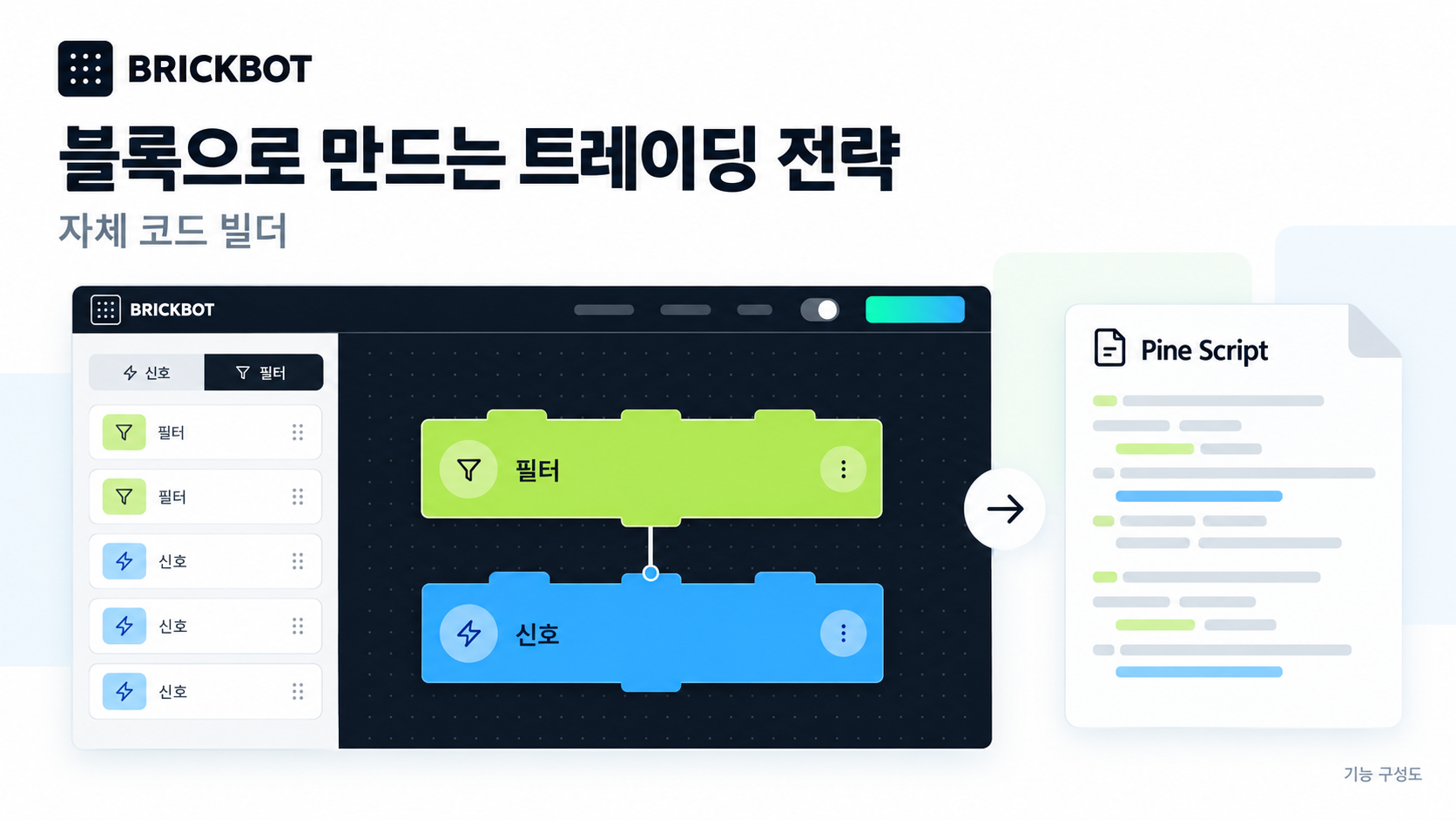 브릭봇의 신호·필터 블록을 Pine Script로 바꾸는 코드 빌더 구성도