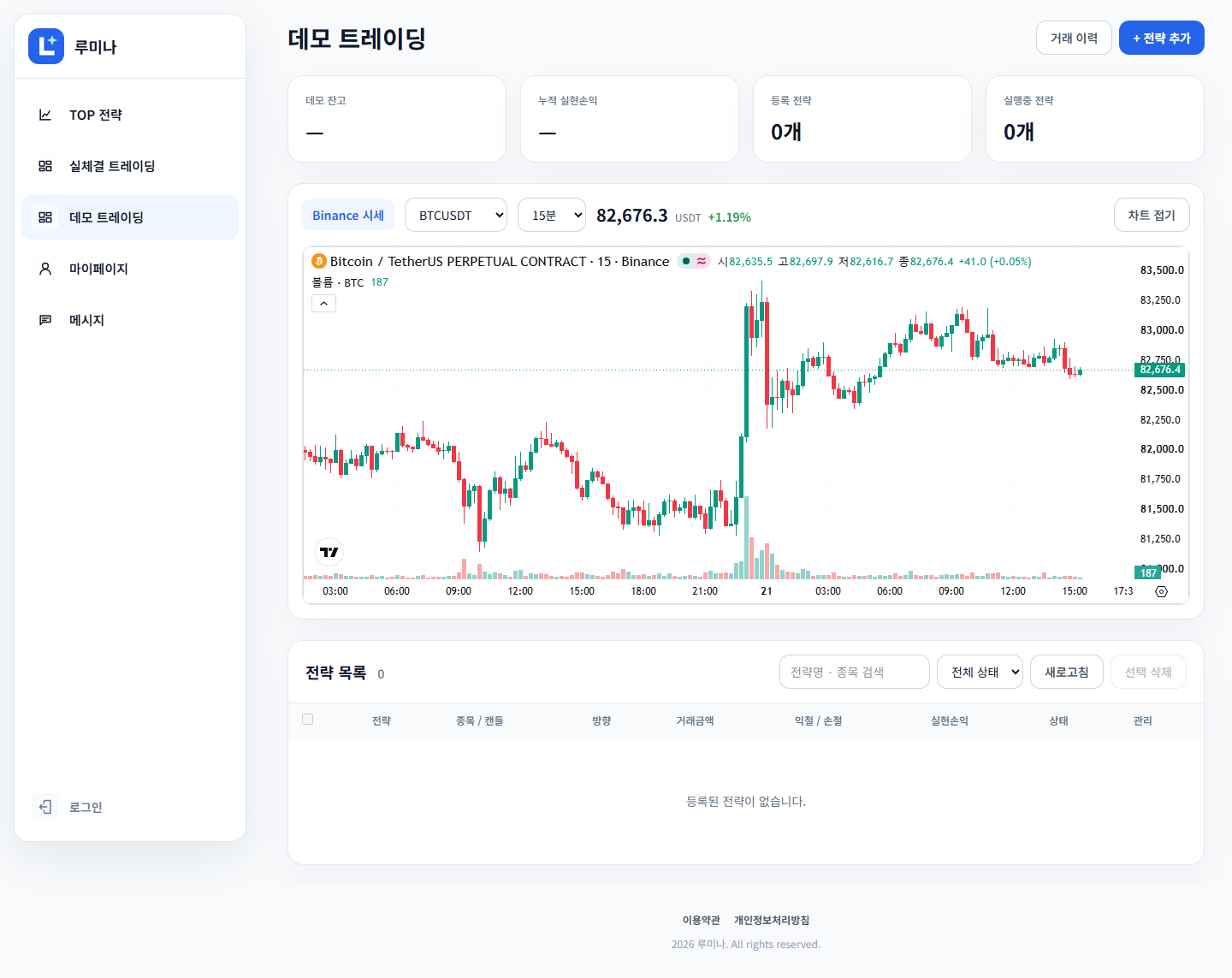루미나의 모의거래 화면