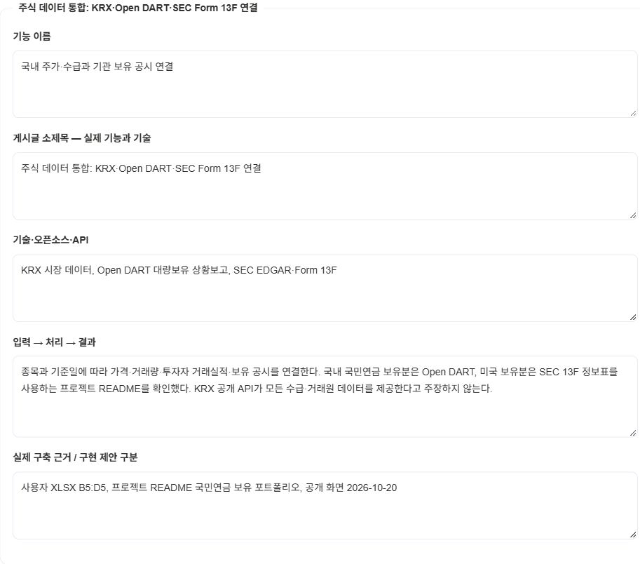 위클리샷의 개발 사례 작성 화면