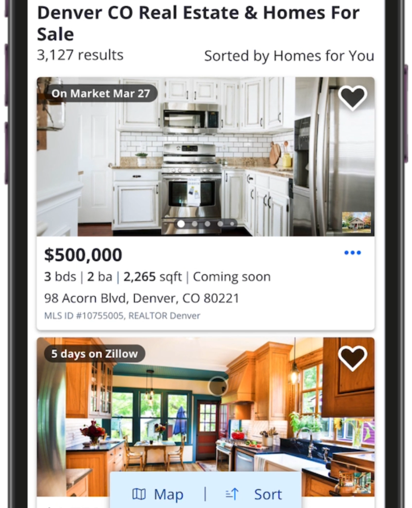 Zillow의 덴버 주택 매물 목록과 가격·사진 화면