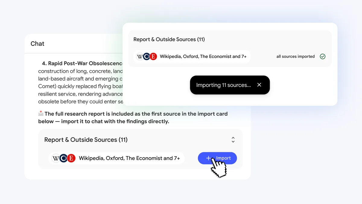 Google의 2026년 공식 발표에 포함된 NotebookLM 자료 탐색·가져오기 화면