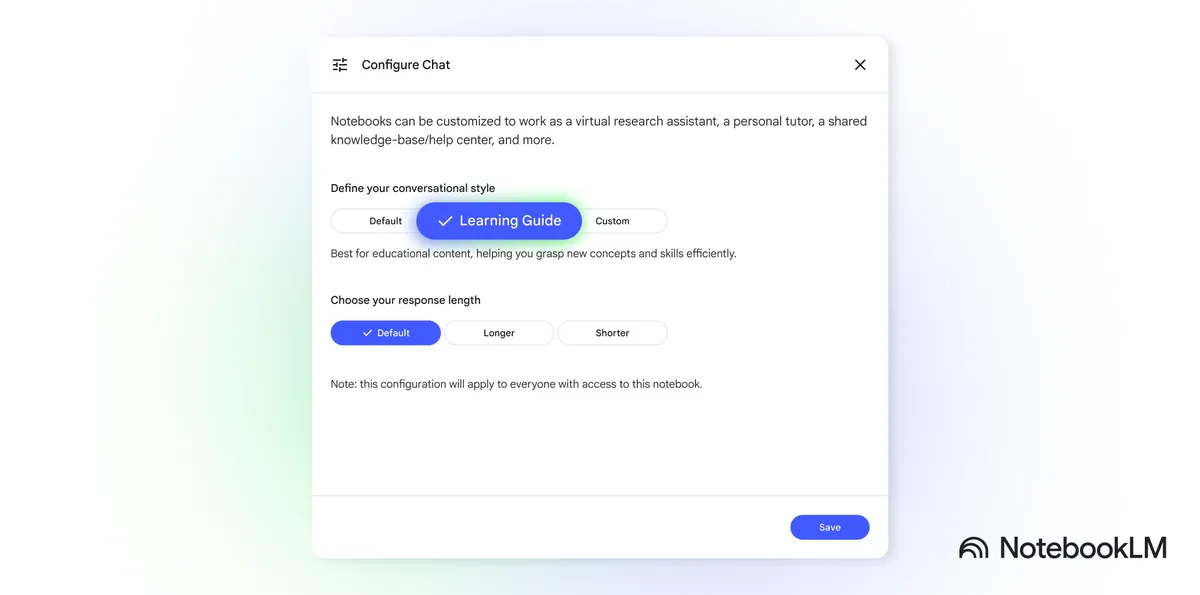 2025년 공식 발표의 NotebookLM Learning Guide 채팅 설정 화면