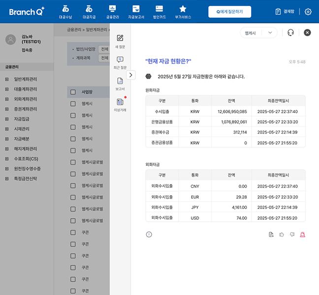 브랜치Q의 자연어 자금 현황 조회와 계좌별 잔액 화면