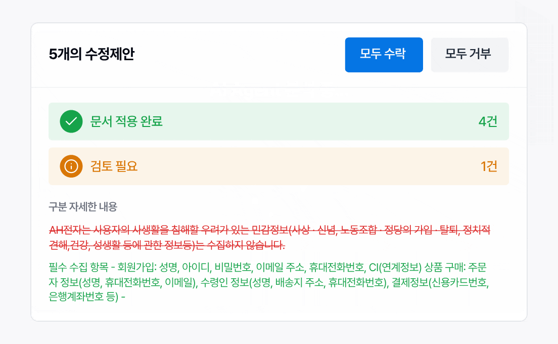 조항 수정 제안의 전후 비교