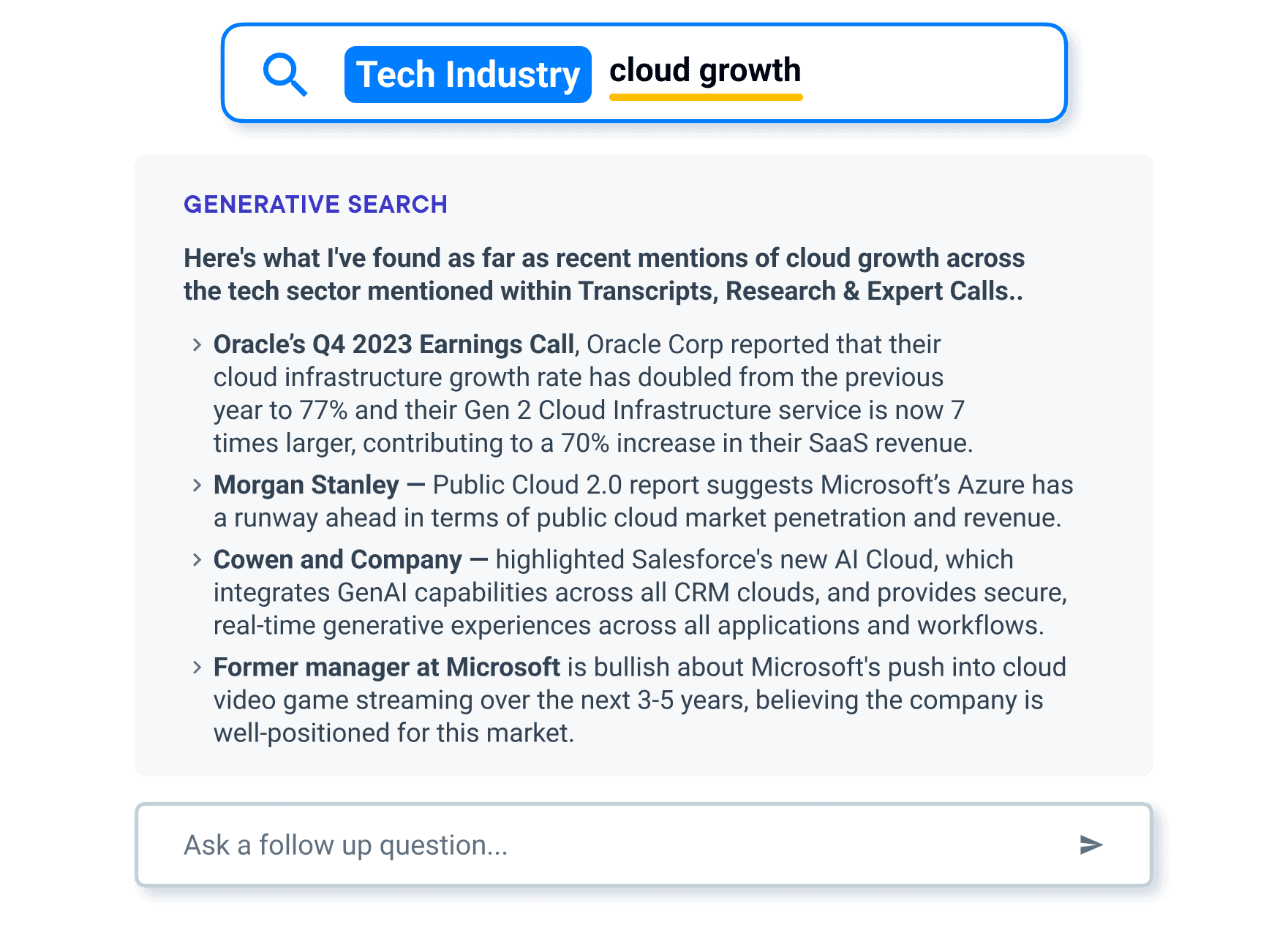 AlphaSense의 산업 검색 결과와 근거를 포함한 요약 화면