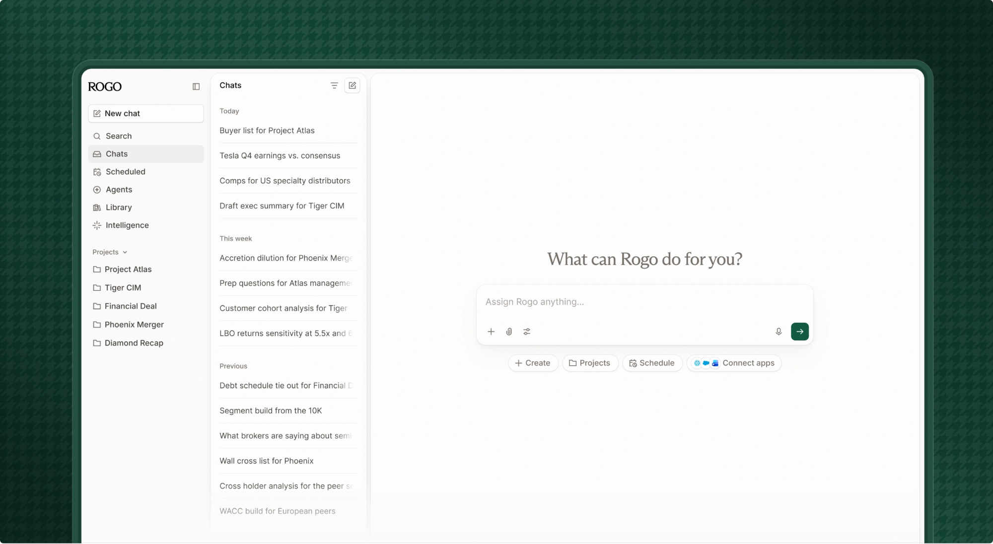 Rogo의 대화 이력과 금융 업무 질문 입력 화면