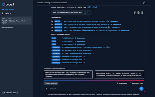 Blue J의 세무 답변 근거·관련 자료·후속 질문 패널
